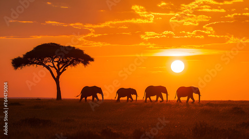 The sunrise over savannahs  capturing the silhouettes of iconic African wildlife against the warm hues of the morning sky
