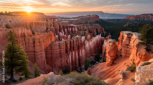 The iconic hoodoos of Bryce Canyon during the soft light of sunrise. The warm hues on the rock formations can be enchanting