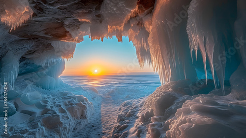 The interior of ice caves during the golden hour, capturing the ice formations illuminated by the warm hues of the setting sun photo