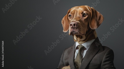 A poised brown dog exudes confidence and professionalism in a sleek business suit, capturing a humorous take on corporate life against a grey backdrop. © Beyonder