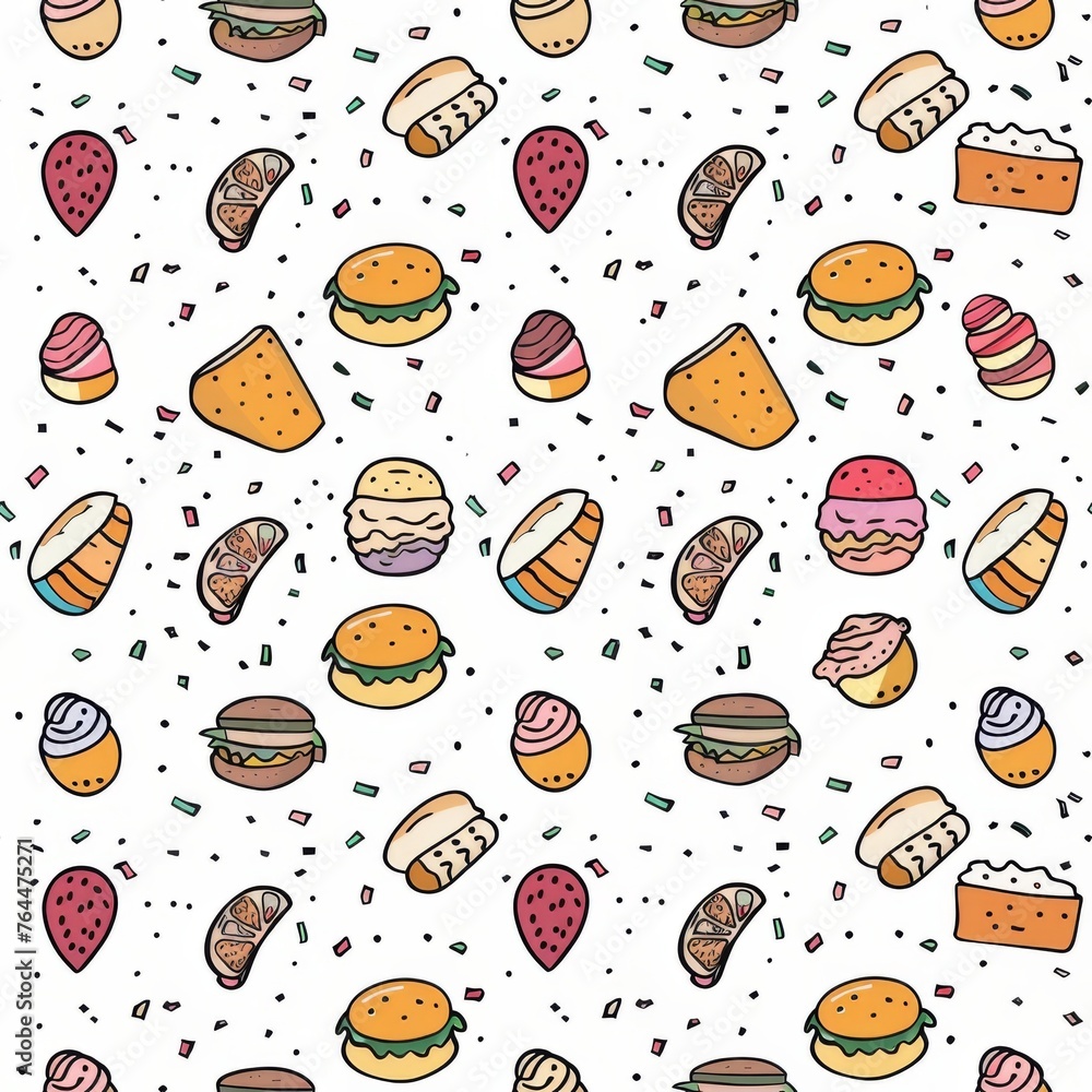 Variety of cute, hand drawn cartoon desserts and snacks, including ice cream, burgers, and pastries, interspersed with colorful sprinkles on a white background. Seamless pattern wallpaper background.