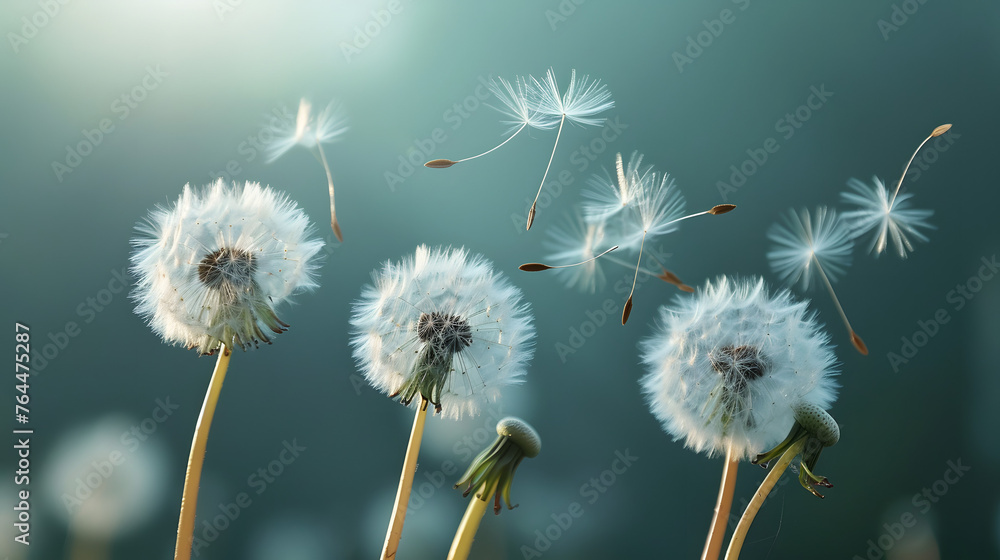 Obraz premium The delicate and ethereal nature of dandelion seed heads being carried away by the wind