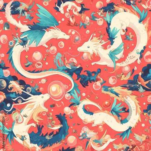 Mythical dragons whimsically blowing soap bubbles instead of fire  entwined in a lively dance on a coral backdrop  crafted into a seamless pattern for a fantastical wallpaper or fabric.