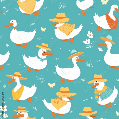 A whimsical array of cartoon ducks in various hats  surrounded by flowers and tiny birds  creating a playful and charming seamless pattern for backgrounds. Seamless pattern wallpaper background.