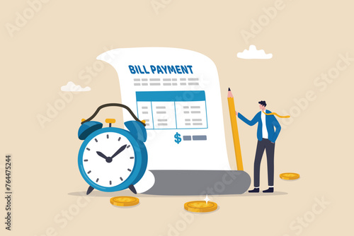 Bill payment, expense or financial service to pay for transaction, credit card payment or shopping cost concept, businessman with pencil and bill payment document and alarm clock.