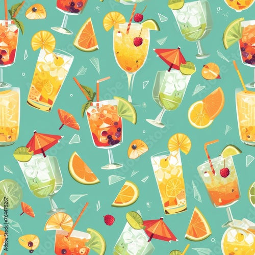 An inviting pattern with tropical cocktails and fruits, designed on a light background. Perfectly encapsulating a summer vibe, it brings joy and a taste of vacation. Seamless wallpaper.
