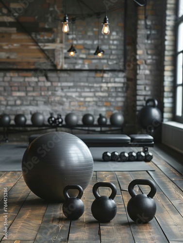 A composition of fitness equipment, including a gym ball and kettlebells, on wooden flooring, set against a brick-wall backdrop in a contemporary gym.
