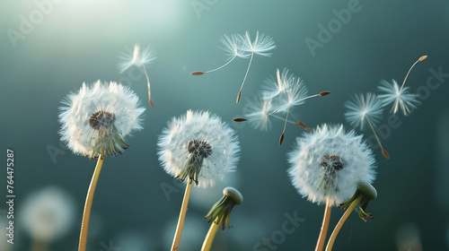 The delicate and ethereal nature of dandelion seed heads being carried away by the wind photo