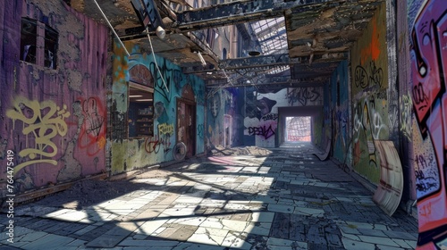 A gritty urban alleyway with vibrant graffiti art on every wall, dilapidated structures, and scattered debris, evoking a sense of decay yet alive with street culture.