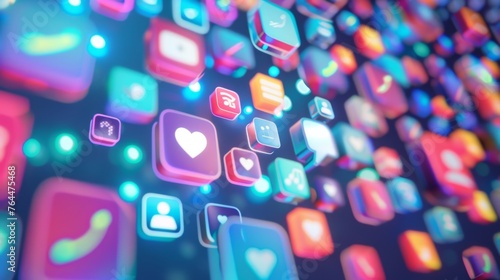 A vibrant, abstract representation of AI-driven social media, with floating, glowing app icons symbolizing personalized content management and the dynamic flow of digital interactions.