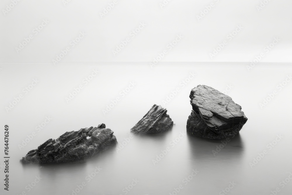 Naklejka premium Monochrome Seascape with Jagged Rocks, Black and White Long Exposure Style Rocks in Water. Generative AI.