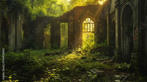 Old ruins surrounded by nature. This could be abandoned buildings or ancient structures being reclaimed by the elements