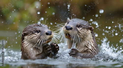 Otters playing in the water. Try to capture their lively and expressive behaviors © Samira