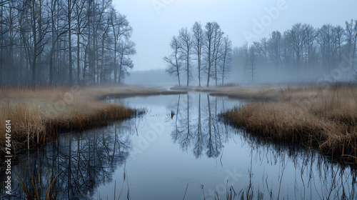 Marshlands during foggy mornings. The mist can add an ethereal quality to the landscapes, especially when capturing reflections