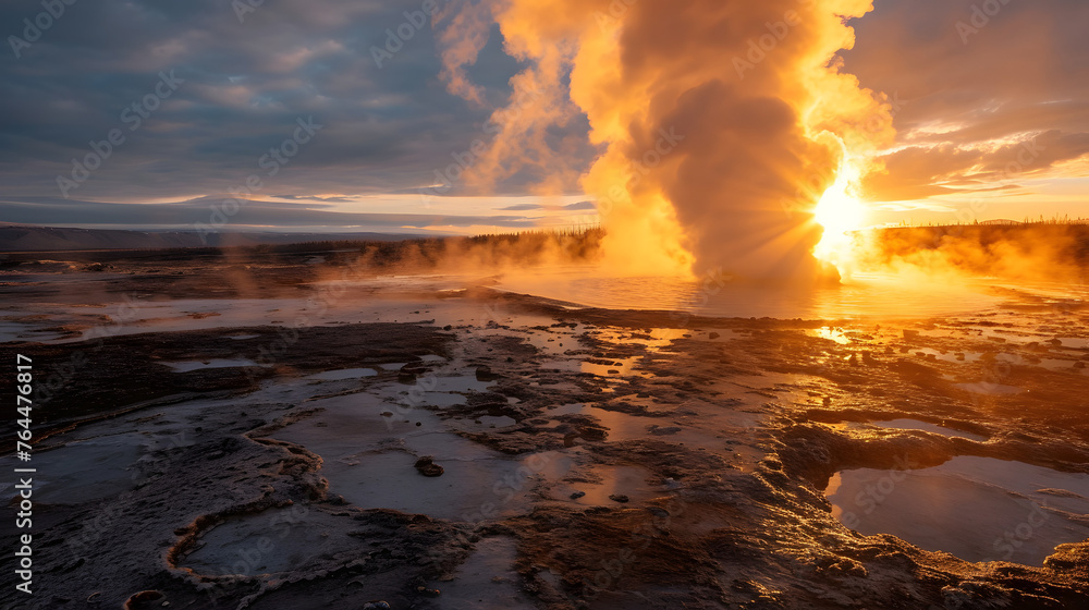 Geyser eruptions during the early morning hours. The rising steam in the soft light can create a mystical effect