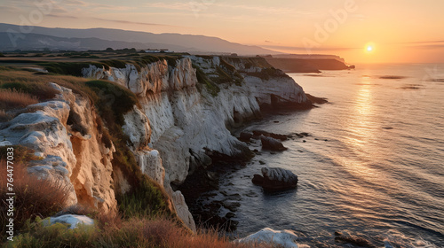 Coastal cliffs during the golden hour. The warm sunlight on the rugged terrain can create a captivating and dynamic scene