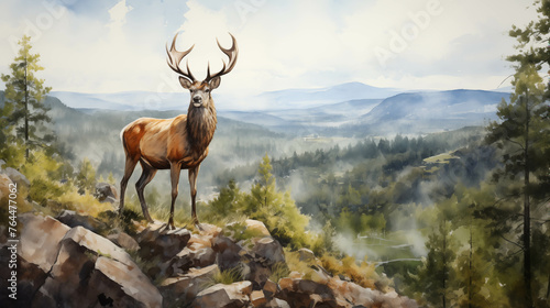 A watercolor painting of a deer standing on a rock at the edge of a cliff. © Gun