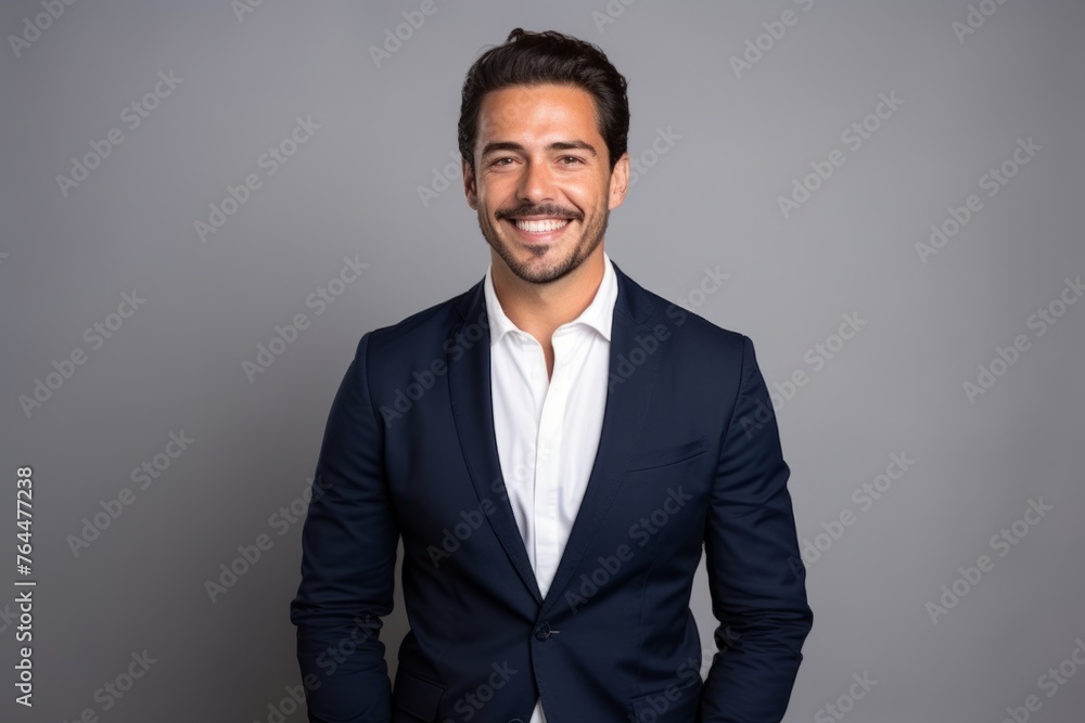 Portrait of a handsome young man smiling at the camera while standing against grey background Portrait of a handsome young man smiling at the camera while standing against grey background
