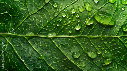 A detailed view of a green leaf covered in glistening water droplets, showing the intricate patterns and textures. The water drops reflect light, enhancing the natural beauty of the leaf