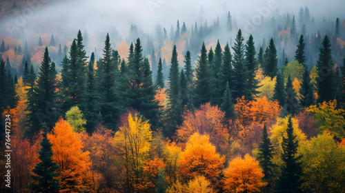 Boreal forests during the autumn season, capturing the rich colors of deciduous trees amidst the evergreen landscape
