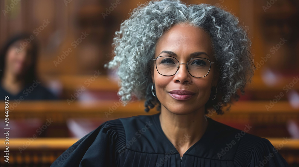 Confident female judge with gray hair in courtroom. Confident female judge with gray hair in courtroom.