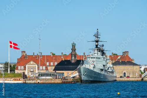 Canvas Print Ships of the Marinestation Holmen naval base on the harbor on a clear blue sky d