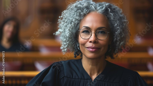 Confident female judge with gray hair in courtroom. © amixstudio