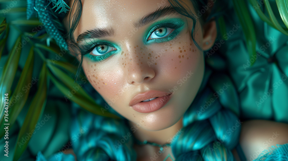 Close-up of a woman with striking blue makeup and freckles, surrounded by tropical leaves. Close-up of a woman with striking blue makeup and freckles, surrounded by tropical leaves.