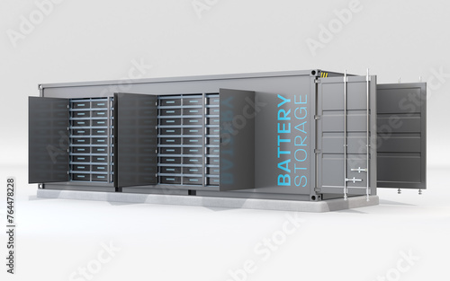 Containerized Battery Energy Storage concept. Doors opened. Storage batteries on racks. Generic design. 3D rendering image.