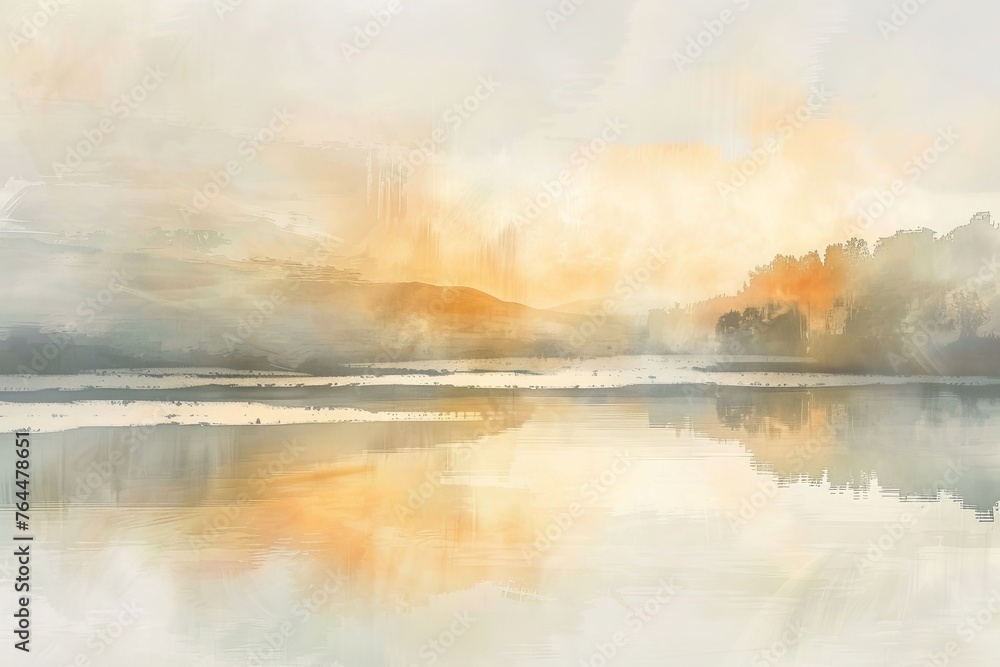 A dreamy wallpaper illustration depicting a serene lake at golden hour, with reflections of the surrounding landscape shimmering, Generative AI
