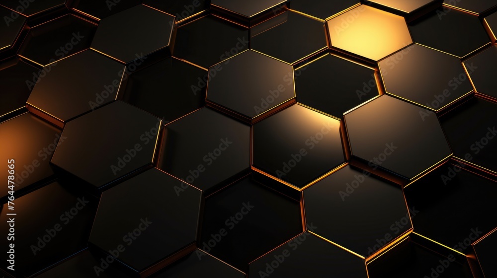 Luxury hexagonal abstract black metal background with golden light lines. Dark 3d geometric texture illustration. Bright grid pattern Luxury hexagonal abstract black metal background with golden light lines. Dark 3d geometric texture illustration. Bright grid pattern