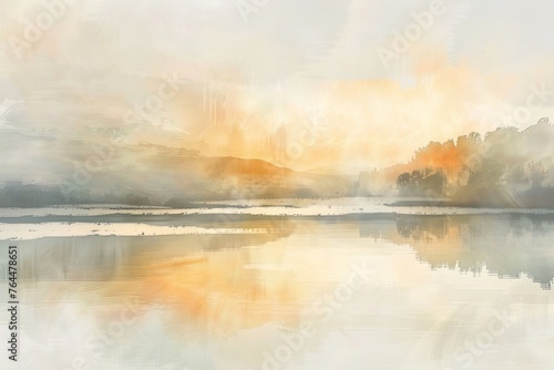 A dreamy wallpaper illustration depicting a serene lake at golden hour, with reflections of the surrounding landscape shimmering, Generative AI