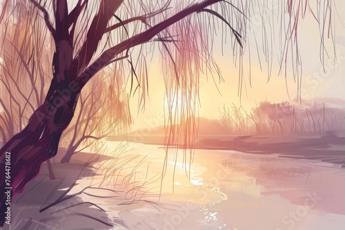 A dreamy wallpaper illustration featuring a serene riverbank at golden hour, with weeping willow trees casting long shadows, Generative AI