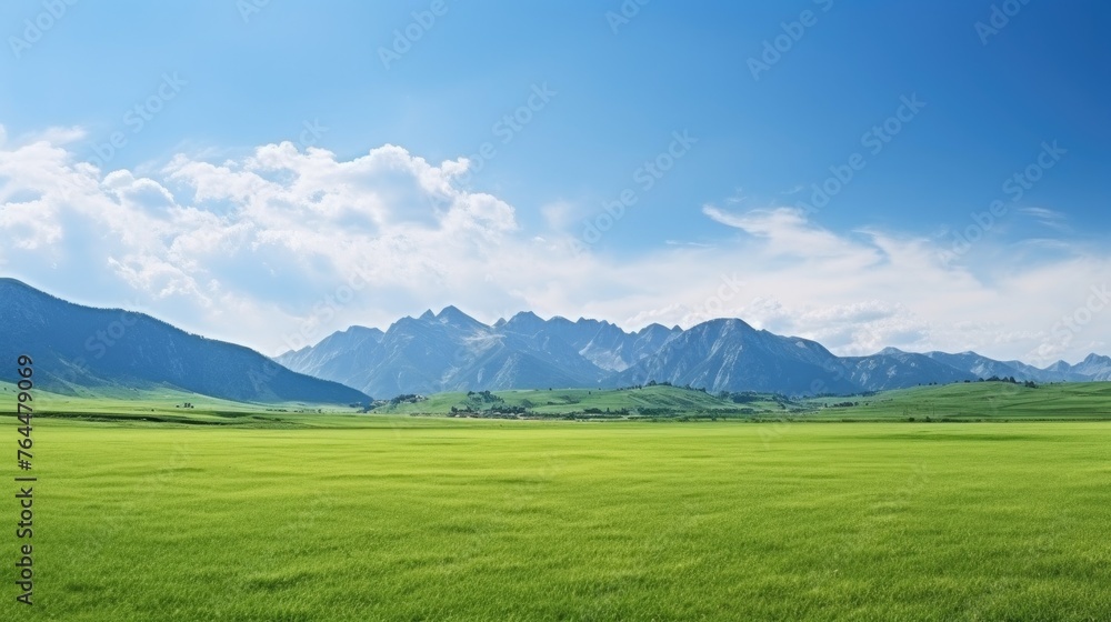 Panoramic natural landscape with green grass field, blue sky with clouds and mountains in background