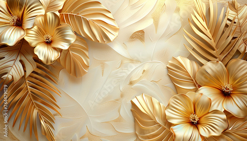 Abstract luxury background, gold line floral wallpaper, leaves texture. Golden botanical modern, art deco pattern, white background