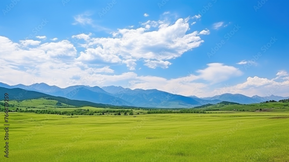 Panoramic natural landscape with green grass field, blue sky with clouds and mountains in background Panoramic natural landscape with green grass field, blue sky with clouds and mountains in background
