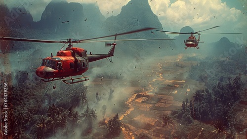 helicopters flying over the rice paddies of South Vietnam photo