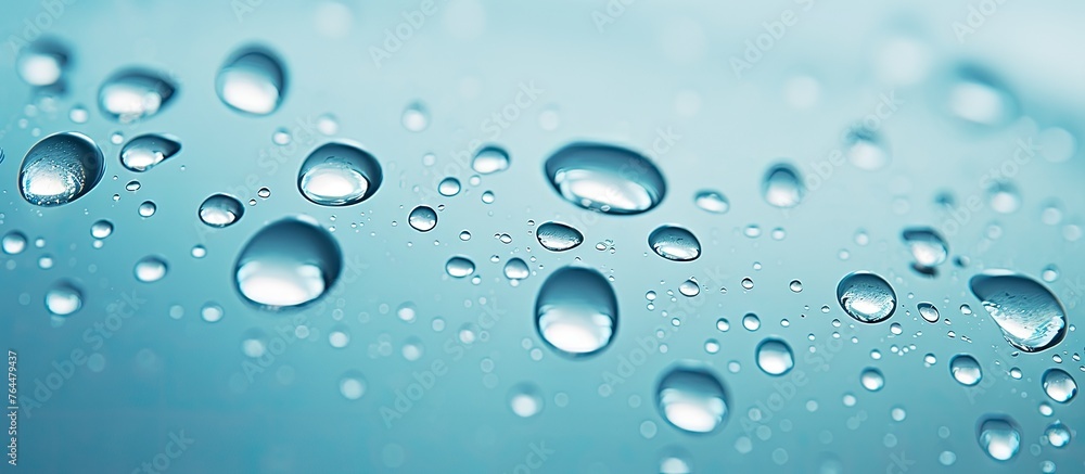 A detailed view of small water droplets scattered across a vibrant blue surface