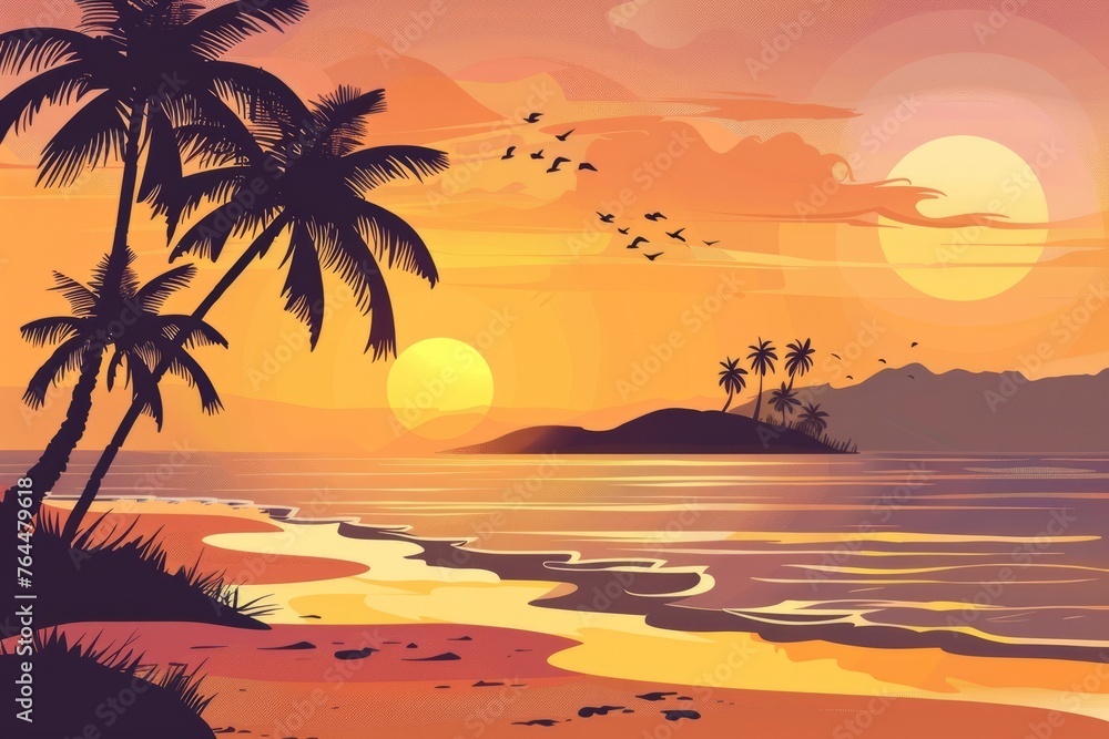A mesmerizing wallpaper illustration depicting a serene beach scene during the golden hour, with palm trees silhouetted against, Generative AI