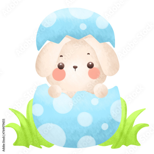 Easter bunny surprise stock illustration. Easter bunny gift in egg. Easter greeting card with cute little bunny. Symbol of joy.