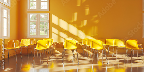 yellow chairs in the empty room in the style of the dsseldorf school of photography photo