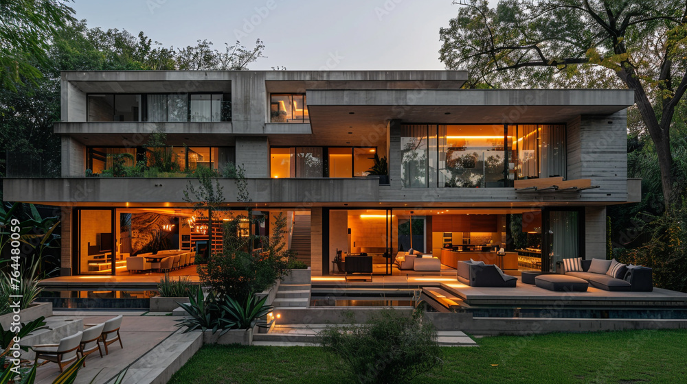 Building exterior with concrete walls architecture, modern house in the evening High detailed,high resolution,realistic and high quality photo professional photography