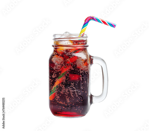A bubbly soda pop in a mason glass with a colorful striped straw, isolated, transparent background.   © The Food Stock