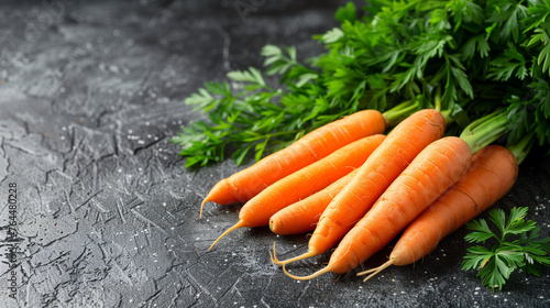 Fresh carrots with green tops on a dark textured background.