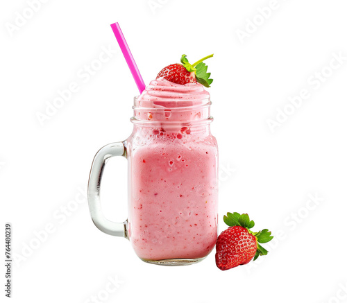 Creamy strawberry milkshake in a mason glass with a pink straw, isolated, transparent background.