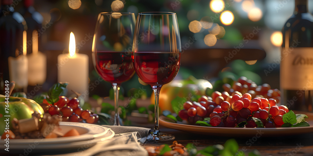  A plate of food with a candle and a glass of wine on table for celebration and joy evident background and wallpaper,  Happy New year, Christmas concept  background 