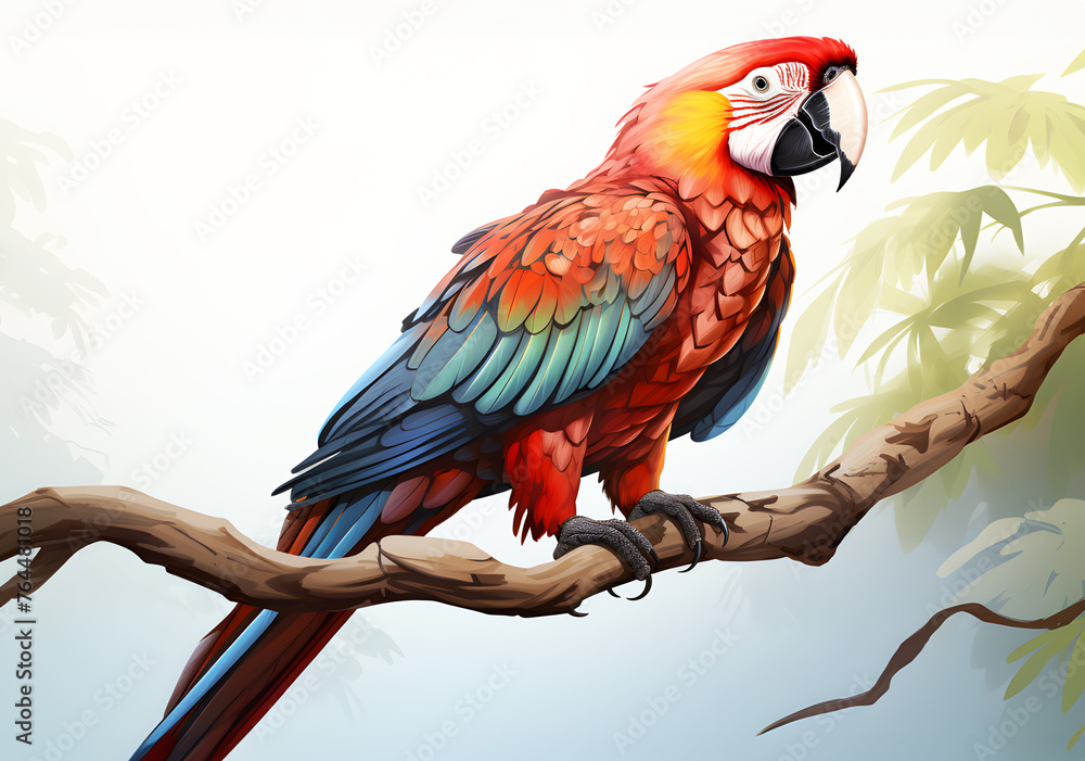 Picture watercolor of Parrot perched looking for prey in the morning on a brown branch on tree green nature is white background. Realistic animal bird clipart template pattern.