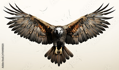 Picture white eagle or hawk watercolor. Flying to find prey in the sky. Sky with bright clouds background. Realistic bird animal clipart template pattern. 