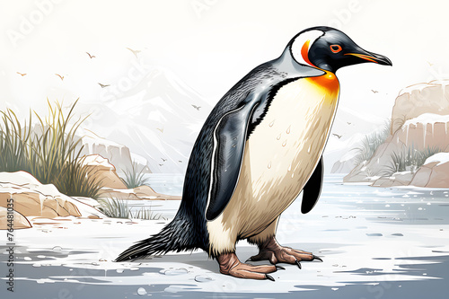 Picture penguin watercolor looking for prey in the morning nature on white background. Realistic animal bird clipart template pattern. photo
