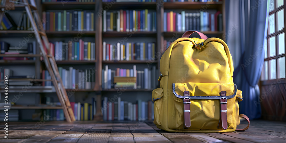  Blue school backpack with books  - obrazy, fototapety, plakaty 